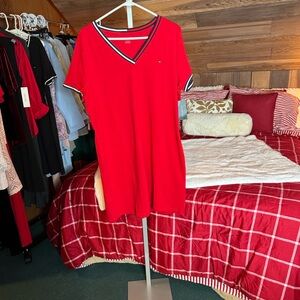 Tommy Hilfiger Red Logo Flag V-Neck T-Shirt Dress Preppy Casual XL NWT